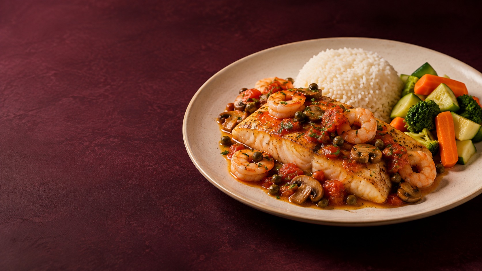 Imagem ilustrativa do Filé de Peixe à Espanhola, com camarões, cogumelos, alcaparras, tomate, salsa, arroz e legumes